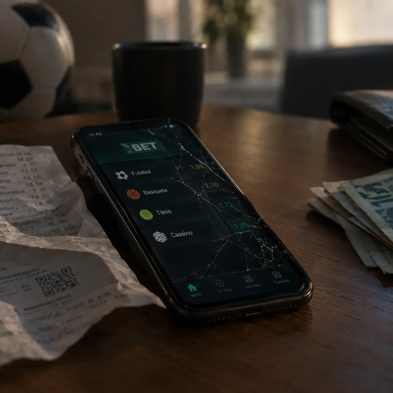 Celular com tela rachada exibindo um app de apostas, ao lado de comprovantes e dinheiro, representando o fim das bets