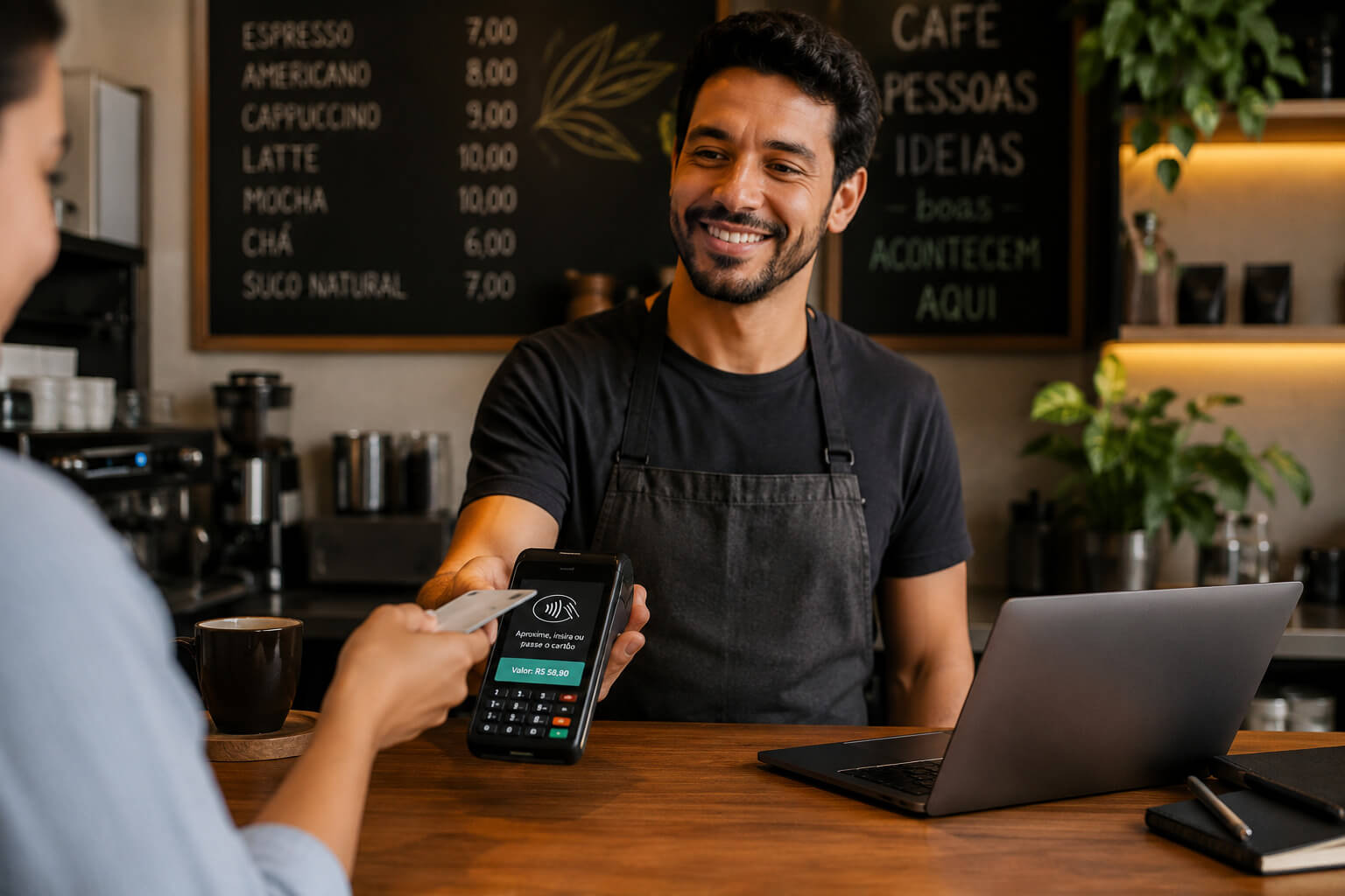 Comerciante de cafeteria segurando a maquininha XP enquanto cliente paga por aproximação com cartão.