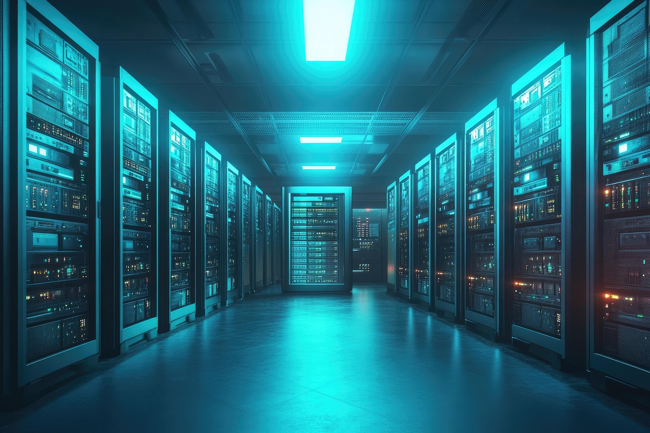 Boom da IA impulsionando infraestrutura tecnológica e investimentos globais representado por um grande data center.