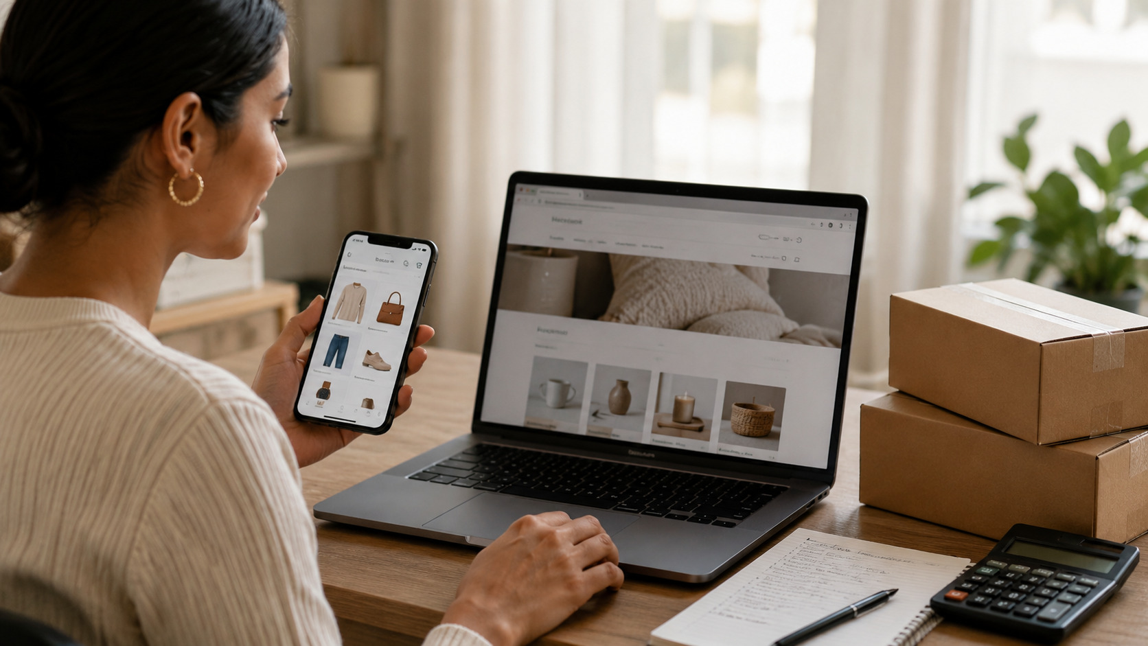 Pessoa analisando compras internacionais em um notebook, com caixas de entrega e itens de planejamento financeiro sobre a mesa, em referência à taxa das blusinhas.