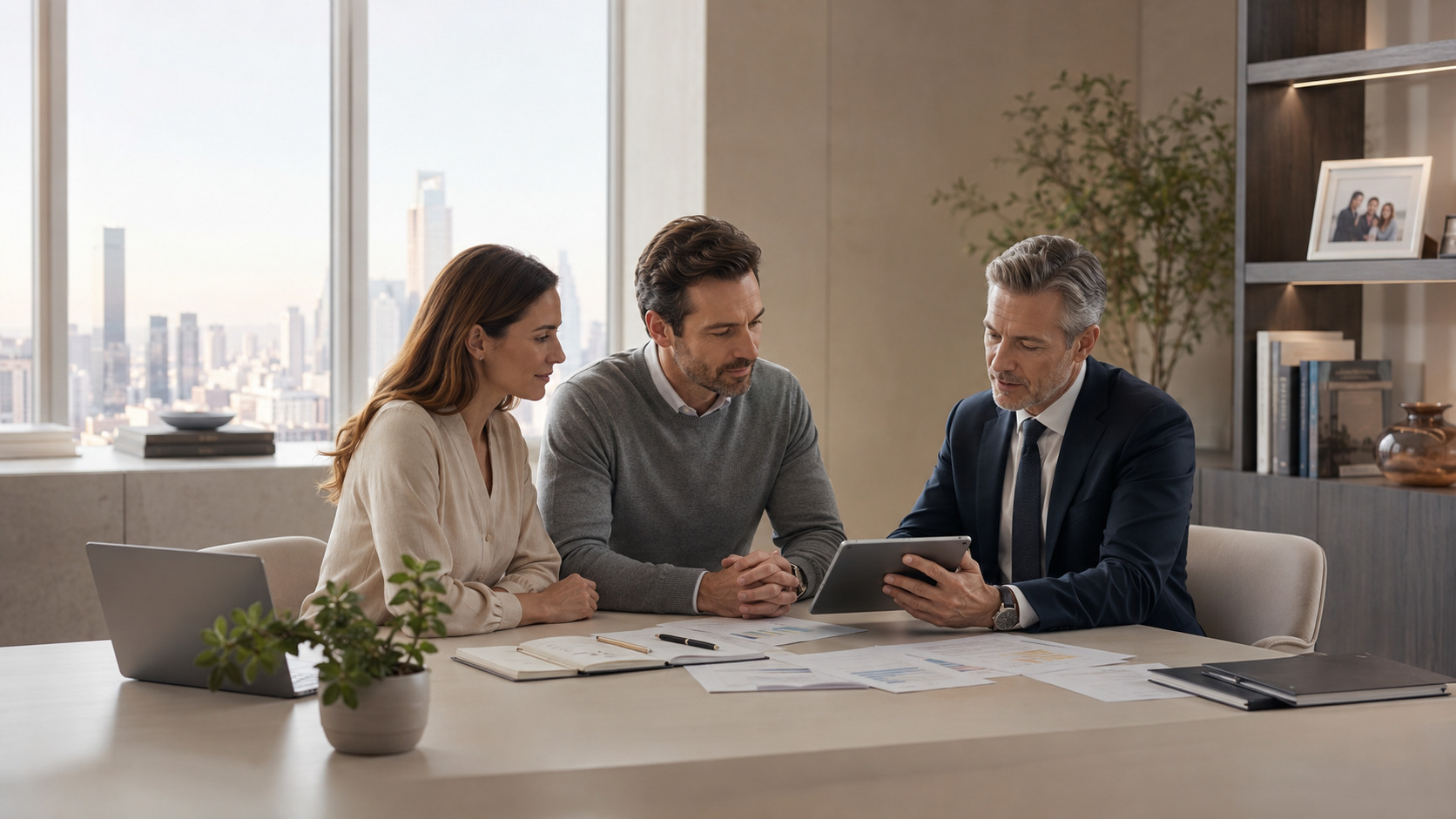 Reunião consultiva para organização de patrimônio, investimentos e sucessão familiar representando wealth planning.